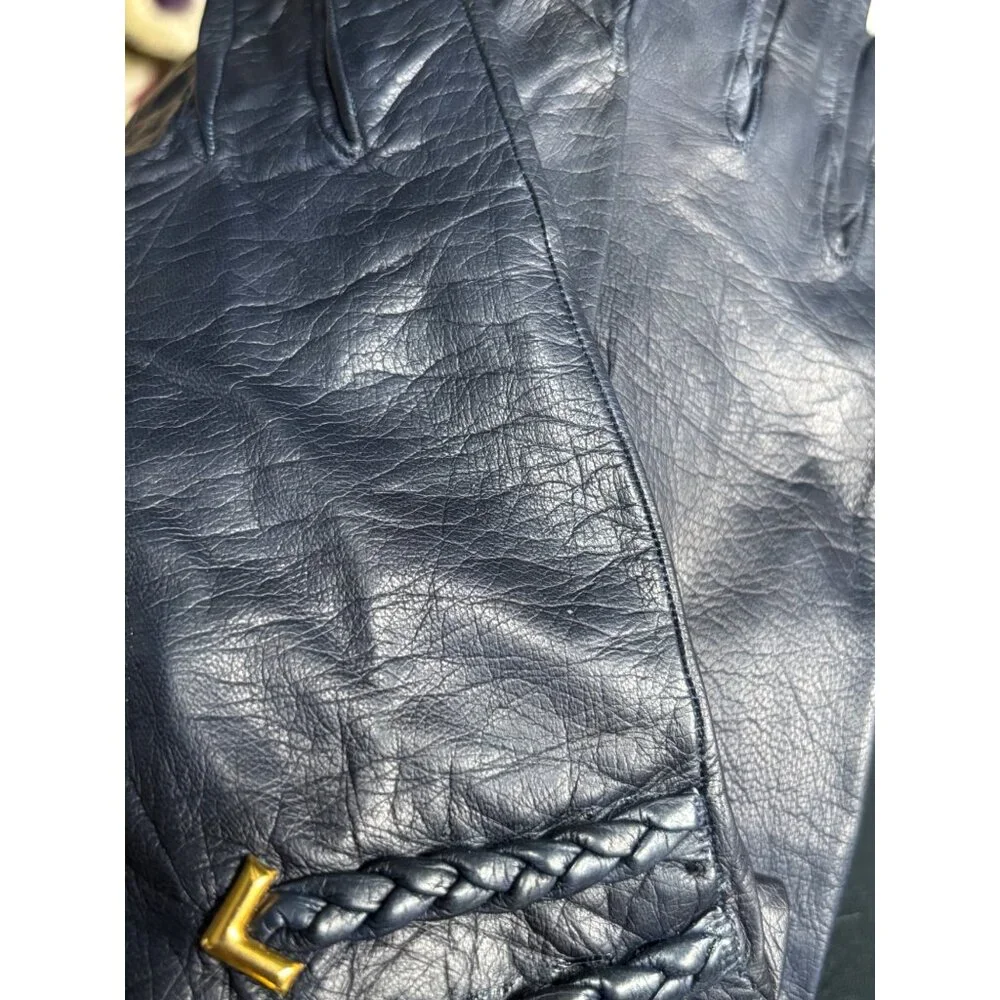 VTG Womens Dk Blue Kid Leather Unlined Gloves Woven Cuff‎ Metal Gold Accents